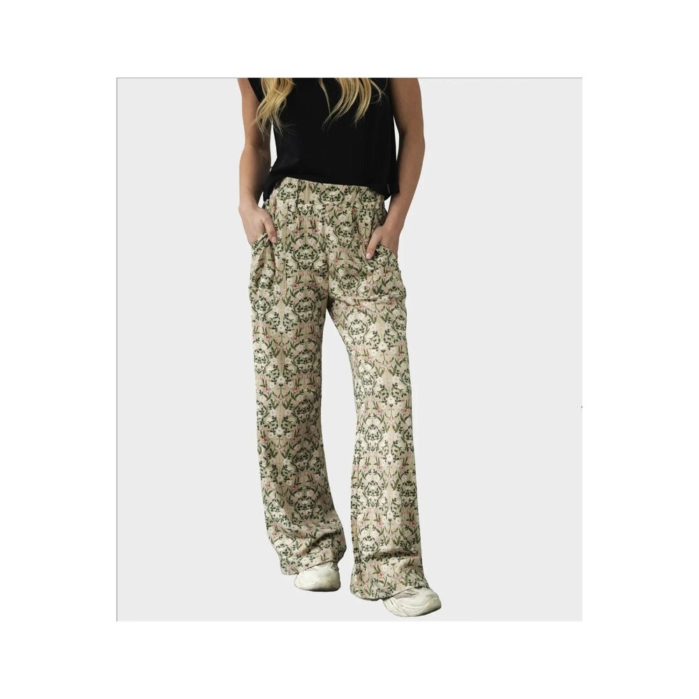 KNOWN SUPPLY Organic Cotton Slub Wide Leg Pants Victorian Floral Small High Rise